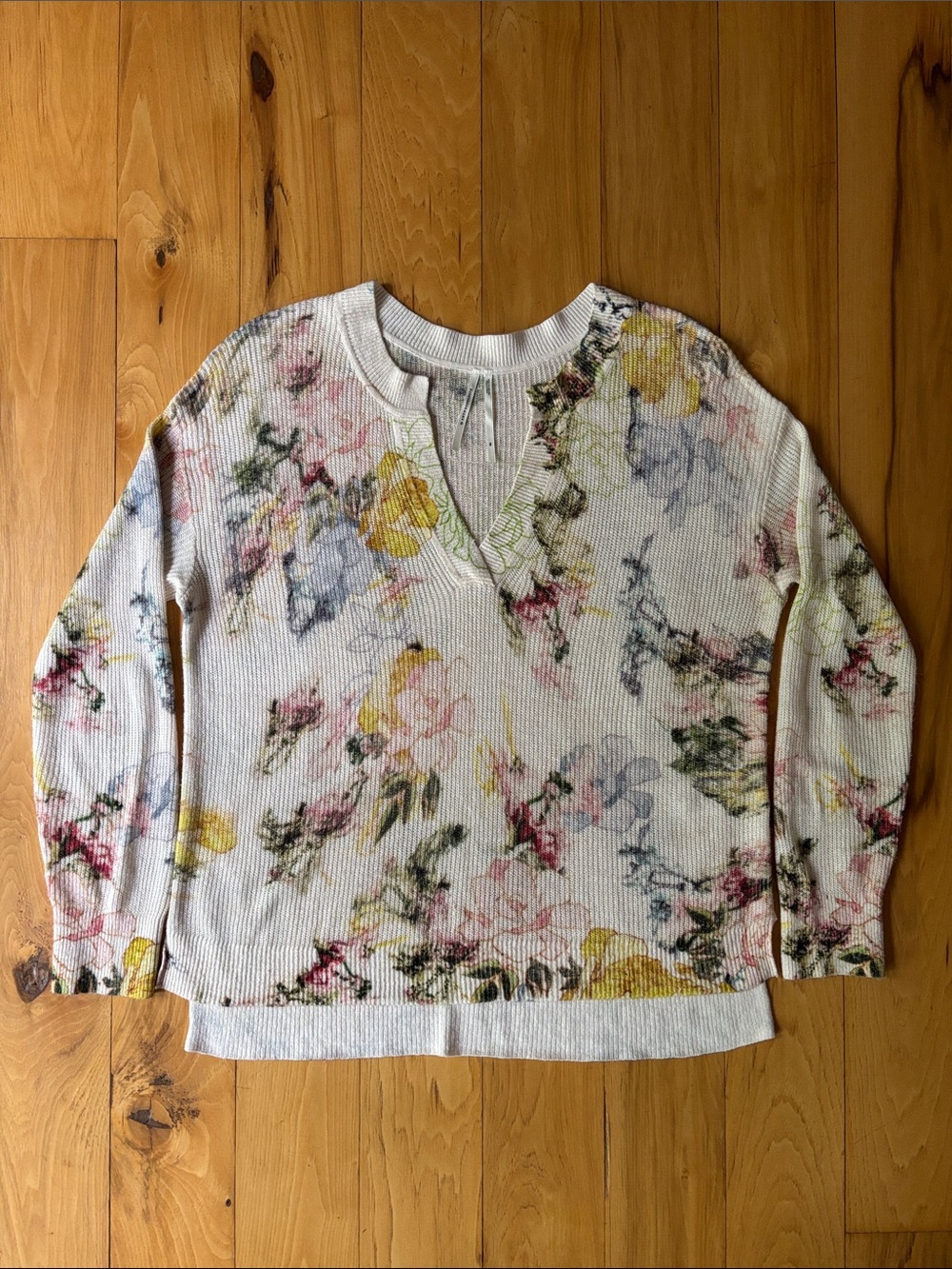 By ANTHROPOLOGIE | Cream Floral Linen Blend Cottagecore V Neck Sweater | Size XS - Picture 3 of 8